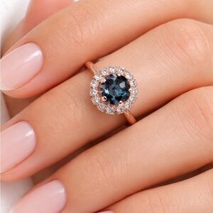 Handmade Swarovski Crystal Blue Halo Ring Rose Gold Adjustable Statement Ring